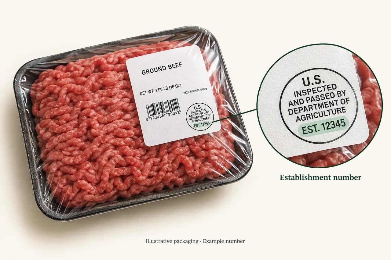 Example ground beef package with the USDA mark of inspection magnified to show establishment number EST. 12345.